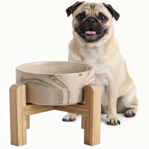 lot 4123 image: hjn Elevated Ceramic Dog Bowl with Bamboo Stand, Raised Pet Feeding Station for Small Medium Dogs Cats, Modern Design with Anti-Slip Base (Marble Brown, 3.6Cup)