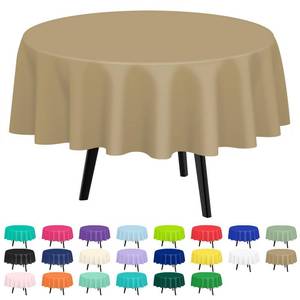 lot 4138 image: QIKSION Gold Round Tablecloth 2 Pack, 84 Inch Plastic Table Cover Disposable for Parties