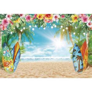 lot 4161 image: Felortte 7x5FT Polyester Fabric Summer Hawaiian Beach Backdrop Sky Ocean Tropical Flower Palm Leaves Surfboard Photography Background for Luau Aloha Party Decoration Banner Picture Photo Booth2