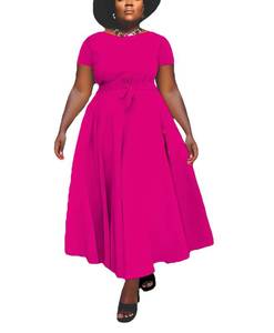 lot 4165 image: Hostoyo Women Plus Size Casual A Line Maxi Dress Self Tie Waist with Pockets 4XL Elegant Round Neck Short Sleeve Long Swing Dress Rose