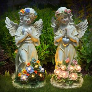 lot 8118 image: Angel Garden Statue 2Pcs - Solar Praying Angels with Flowers