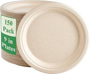 lot 8125 image: Vplus 150 Pack 9in Paper Plates, 100% Compostable, Bagasse