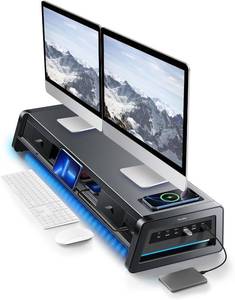 lot 8177 image: $190 Vaydeer All-in-One Dual Monitor Stand with 2 Drawers, USB Ports