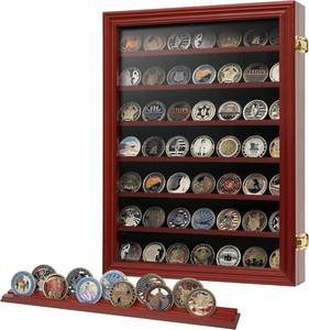 lot 8219 image: $66 7 Rows Coin Holder, HD Glass, 100 Coins, Wall-Mount, Mahogany