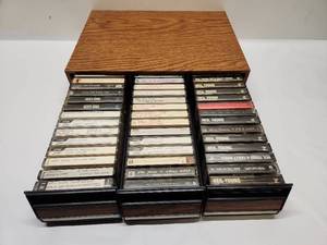 lot 9 image: Wood Cassette Storage Organizer 3-Drawer with 60 Tapes