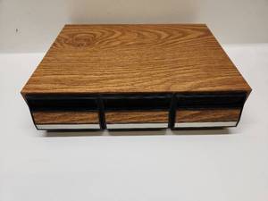 lot 13 image: Wood Storage Box with Three Drawers and Metal Accents