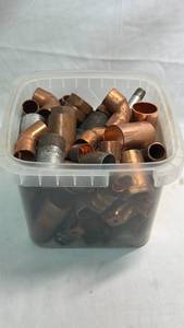 lot 60 image: Copper Plumbing Fittings and Pipe Assortment in Plastic Tote