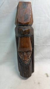 lot 67 image: Carved Wood Totem Pole Sculpture with Face and Geometric Segments
