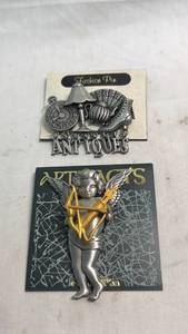 lot 120 image: Fashion Pin Lot 2 Piece Antiques Cherub Clock Teapot