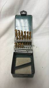 lot 210 image: Drill Bit Set with Fractional Sizes in Metal Case with Handle