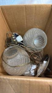 lot 257 image: Lot of 2 Glass Pendant Light Fixtures with Metal Ornamental Bases and Cords