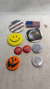 lot 311 image: Assorted Pin Back Buttons Lot 9 Pieces Patriotic Smiley Face