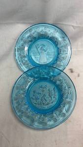 lot 330 image: Two Vintage Blue Glass Plates with Embossed Nursery Rhyme Designs