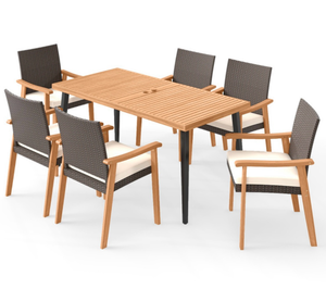 lot 2608 image: Costway 7-piece patio dining set with 6 chairs and 1 rectangular acacia wood table (THIS IS BOX 3 OF 3 WHICH CONSISTS OF 3 CHAIRS, 1 CUSHION & PART OF THE TABLE) - Retail $550