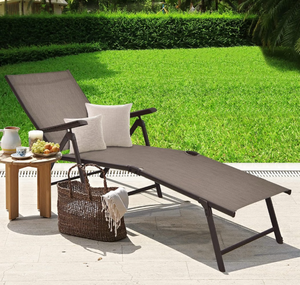 lot 2609 image: Tangkula Folding Lounge Chair Outdoor, Recliner Chaise Lounge with 5-Position Adjustable Backrest & 2-Position Footrest, No Assembly Required, Suitable for Patio Poolside Beach Yard (1, Brown) - Retail $80