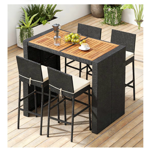lot 2610 image: COSTWAY 5 Piece Patio Bar Set, Outdoor Rattan Wicker Bar Table and 30 High Top Chairs Set with Acacia Wood Tabletop and Cushions (THIS IS BOX 2 OF 2 WHICH CONTAINS THE BAR STOOLS ONLY - NO CUSHIONS) - Retail $340