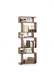 lot 2611 image: Costway 6 Tier Storage Bookshelf S Shaped Geometric Bookcase with Anti Toppling Kits Brown - Retail $60