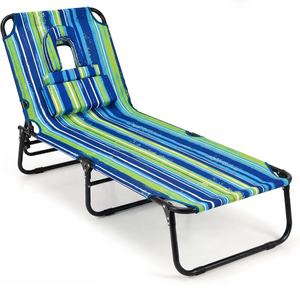 lot 2612 image: COSTWAY Tanning Chair with Face Hole, Pillows & Adjustable Backrest, Folding Chaise Lounge for Sunbathing, Beach, Seaside (1, Blue & Green) - Retail $73