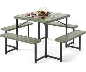 lot 2614 image: Giantex Picnic Table Bench Set for 4-8 People, 34 Outdoor Square Dining Table & 2 Benches wUmbrella Hole, HDPE Tabletop (Green,Square) (BOX 1 OF 2 WHICH CONTAINS TABLE & STOOL TOPS ONLY-NO LEGS OR HARDWARE) - Retail $150