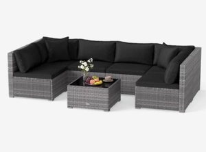 lot 2619 image: Patiojoy 7 PCS Outdoor Patio Furniture Set All-Weather PE Rattan Sofa Set wCoffee Table & Cushions  (THIS IS BOX 2 OF 2 WHICH CONTAINS THE TABLE, ONE CORNER SEAT, EXTRA PARTS & 3 CUSHIONS) - Retail $550