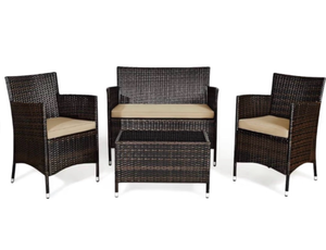 lot 2623 image: COSTWAY 4PCS Rattan Patio Furniture Set, Outdoor Wicker Rattan Chairs with Coffee Table, Rattan Cushioned Conversation Set for Backyard Balcony Porch Poolside, Brown - Retail $180