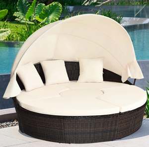 Patiojoy Outdoor Patio Rattan Daybed Wicker Adjustable Cushioned Sofas - Retail: $530