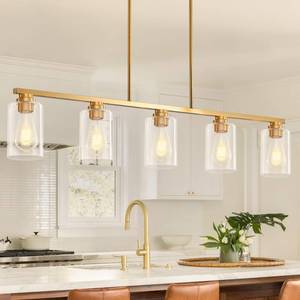 lot 2640 image: Mecgirn Island Light for Kitchen, Brushed Gold Dining Room Light Fixture Over Table, 5-Light Linear Chandelier Pendant Lighting for Dining Table Kitchen Island Living Room - Retail $150