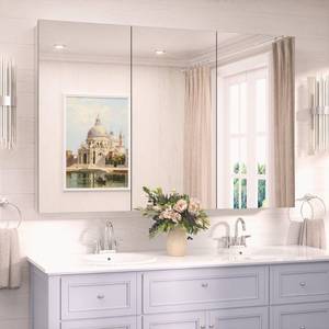 lot 2646 image: TokeShimi 48x32 Mirror with Stepless Adjustable Storage, Aluminum Tempered Bathroom Mirror Medicine Cabinet Silver, Frameless Farmhouse Medicine Cabinet for Recessed or Surface Mount Modern - Retail $396