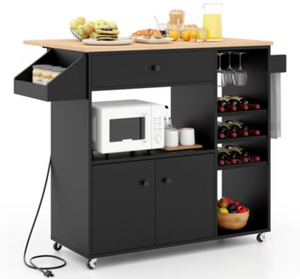lot 2647 image: Costway Drop Leaf Kitchen Island Cart with Power Outlet Mobile Buffet Storage Cart with Microwave Shelf Black - Retail $150