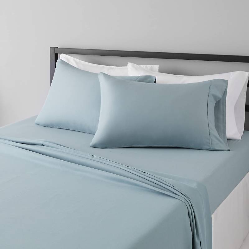 lot 1003 image: Amazon Basics Lightweight Super Soft, Wrinkle-Free Easy Care Microfiber 4 Piece Bed Sheet Set with 14-Inch Deep Pockets, Full, Spa Blue, Solid - Retail $18