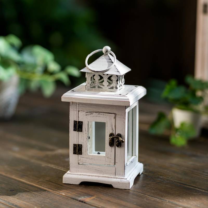 lot 1005 image: Staymoment Small Farmhouse Decorative Lantern Indoor - Rustic Wooden Candle Holder for Table Centerpieces Shelf Fireplace Mantle, 9 Hanging Home Decor, White - Retail $14