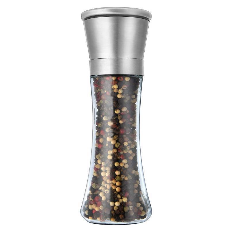 lot 1021 image: Pepper Grinder or Salt Grinder, Best Spice Mill with Ceramic Blades, Adjustable Coarseness, Brushed Stainless Steel Cap, and Refillable Tall Glass Body with 6OZ Capacity (7.5) Retail $11.24