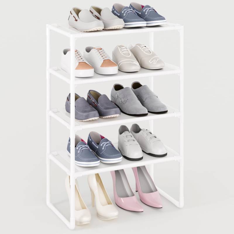lot 1018 image: MUAHRCE 5-Tier Small Shoe Rack for Closet and Entryway, Narrow Shoe Shelf Organizer,Stackble Shoe Stand,Non-Woven Fabric Metal Free Standing Shoe Racks (White, 18 W x 9.9 D x 28.6 H) Retail $12.49