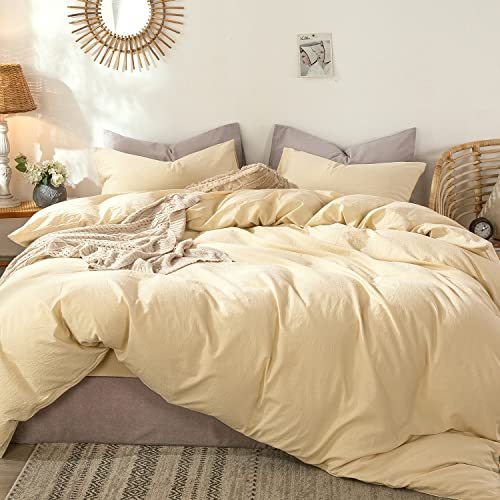 lot 1019 image: MooMee Bedding Duvet Cover Set 100% Washed Cotton Linen Like Textured Breathable Durable Soft Comfy (Light Yellow, Full) Retail $59.99