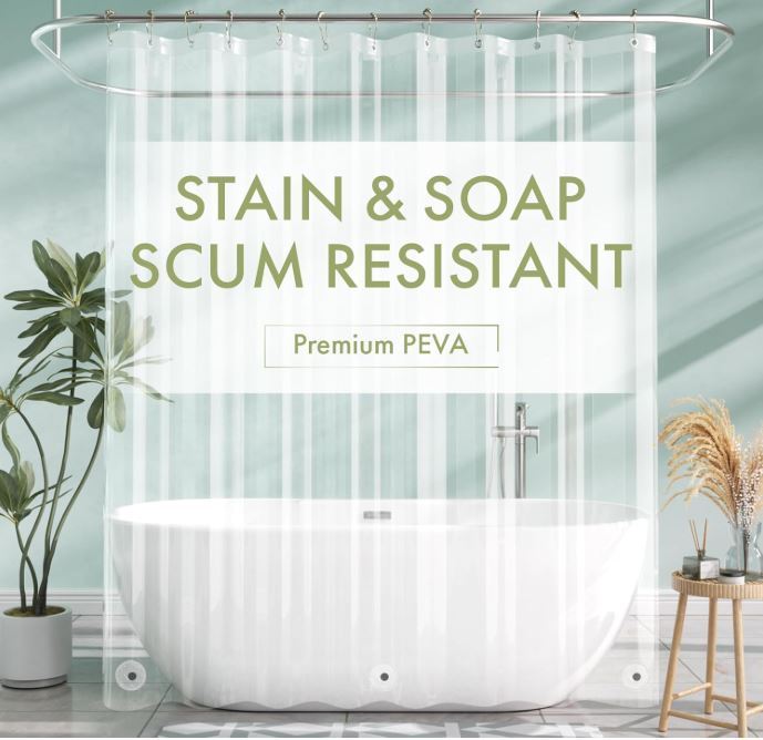 lot 1044 image: AmazerBath Shower Curtain Liner, 72x72 Clear Shower Curtain Liner, Waterproof Plastic Shower Liner, Cute Lightweight PEVA Shower Curtain for Bathroom with 3 Magnets and 12 Rustproof Metal Grommets Retail $9.99