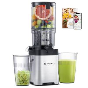 lot 1134 image: AMZCHEF Cold Press Juicer, Juicer Machines - 5.2 Large Feed Chute for Whole Fruits & Vegetables, Stainless Steel Slow Masticating Juicer Easy to Clean, Large Auger, Triple Strainers, Silver - Retail $79