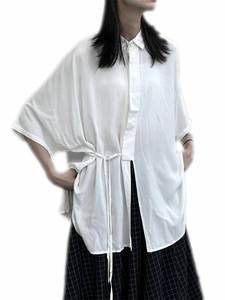 lot 1154 image: Dawery Women Bandage Irregular Blouse Lapel Half Sleeve Loose Fit Shirt Spring Summer White One Size - Retail $50