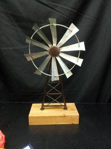 lot 1030 image: Decorative Windmill Tabletop Sculpture with Wood Base - Retail $0