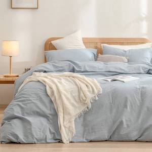 lot 1038 image: BESTOUCH Cotton Solid Duvet Cover Set Linen Feel Cornflower Blue King - Retail $80