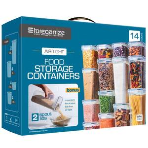 lot 1077 image: 14 PCS Airtight Food Storage Containers with Lids set, BPA Free Leak-proof Kitchen and Pantry Organization Canisters for Cereal, Pasta, Dry Food, Flour Sugar, Stackable, Free Label, Marker, Scoop - Retail $32