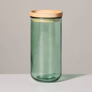 lot 1096 image: 27.7oz Tinted Glass Kitchen Storage Jar with Wood Lid Green - Hearth & Hand with Magnolia - Retail $13