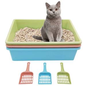 lot 1136 image: Kathson 3PCS Medium Open Cat Litter Box with Scoop, Durable Non-Stick Plastic Litter Pan for Cats, Puppies, Bunnies, and Small Animals, 15 x 11 x 4 Inches - Retail $29