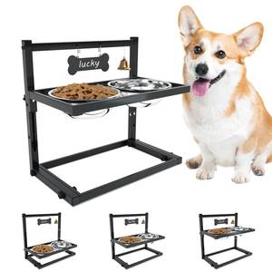 lot 1139 image: SHAINFUN Elevated Dog Bowls for Medium Dogs and Cats - Raised Cat or Dog Bowl Stand with Adjustable Height and Two Stainless Steel Food Bowls - Ideal for Medium and Small Dogs and Cats - Retail $30