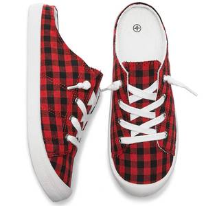 lot 1158 image: TUOPIN Womens Slip On Shoes for Women Canvas Shoes Casual Mules Sneaker Fashion Backless Sneakers(Black and Red Plaid.US9) - Retail $24