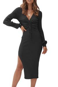 lot 1159 image: PRETTYGARDEN Womens Midi Sweater Dress Long Lantern Sleeve Ruched V Neck Drawstring Side Slit Knit Bodycon Dresses (Black,Large) - Retail $45