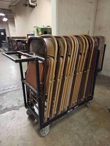 lot 18670 image: Lot of 15 Tan and Brown Chairs With Rolling Storage Cart