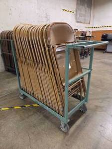 lot 18672 image: Lot of 15 Tan Chairs With Rolling Storage Cart