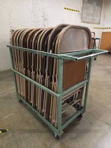 lot 18673 image: Lot of 15 Tan and Brown Chairs With Rolling Storage Cart
