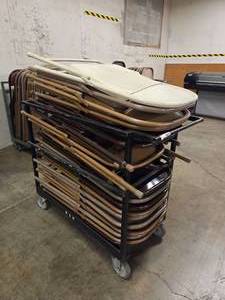 lot 18674 image: Lot of 14 Tan and Brown Chairs With Rolling Storage Cart