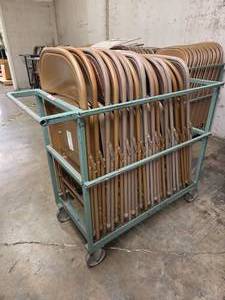 lot 18677 image: Lot of 15 Tan and Brown Chairs With Rolling Storage Cart